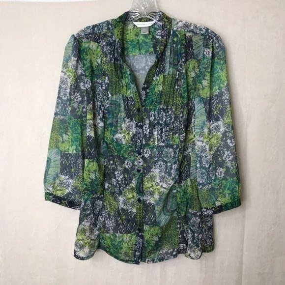Christopher & Banks Green Small Floral Sheer Top - Picture 1 of 9